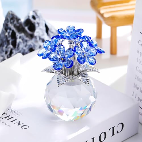 YWHL Blue Crystal Forget Me Not Flowers Gifts for Women, Handmade Glass Flower Bouquet Collectible Figurine for Tabletop Centerpieces - color: Blue
