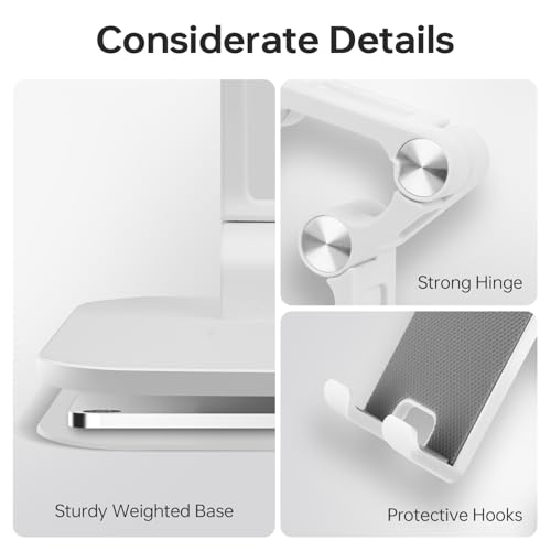 Foldable Phone Stand for Desk - Adjustable Height & Angle Cell Phone Holder, Portable Tablet Stand with Anti-Slip Base for Home, Office, and Travel, Compatible with iPhone & All 4-11" Devices (White) - color: White