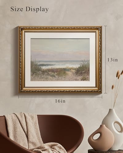 VIYYIEA Gold Framed Wall Art Canvas Print Home Decor Classical Coastal Scenery Bathroom Pictures Wall Decorations Farmhouse Wall art Room Decor Kitchen Office Bathroom Art Prints Wall Decor 13x16in - color: Beach Grass and Surf, size: 16"L x 13"W