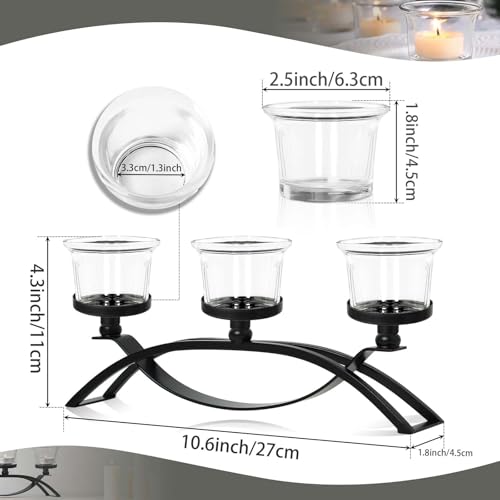 3-Arm Metal Tea Light Candle Holder Set with 5 Glass Cups, Votive Candle Holders Centerpiece Candelabra for Wedding Table Decor, Home Gatherings and Holidays (Black, 5 Cups) - color: Black, size: 5 Cups