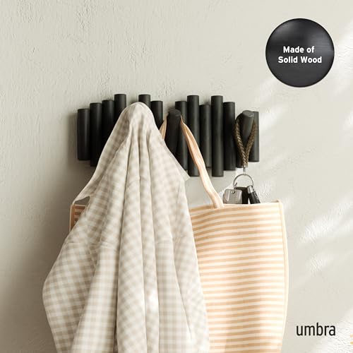 Umbra Picket Wall-Mounted Coat Rack Rail Hook with 5 Retractable Wood Pegs – Modern, Space-Saving Storage Organizer, Black - color: Black, size: 5-Hook