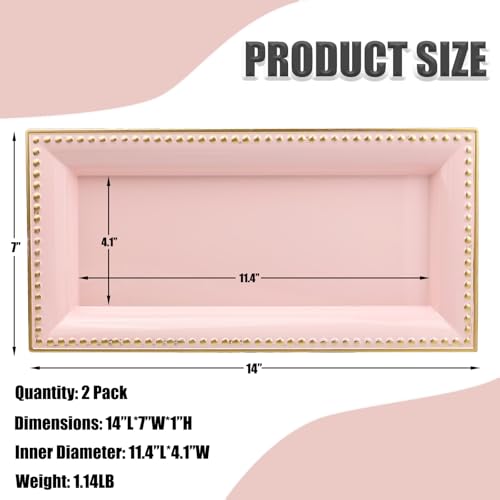 2 Pack Pink Bathroom Vanity Tray for Countertop with Beads, Small Plastic Toilet Tank Versatile Storage Organization Tray for Makeup, Perfume, Desk, Kitchen, Candles, 14"x7"x1", 36P - color: 17pink