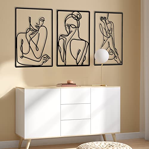 CHENGU 3 Pieces Metal Minimalist Abstract Woman Wall Art Line Drawing Wall Art Decor Single Line Female Home Hanging for Kitchen Bathroom Living Room - style: Vibrant Style