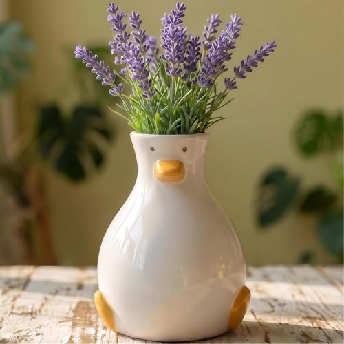 Handmade Ceramic Duck Vase - Modern Tabletop Fun Vase - Suitable for Dried Flowers, Tulips, Roses, Lilies & Pampas Grass - Cute Animal Centerpiece for Home, Wedding, or Gift - color: White