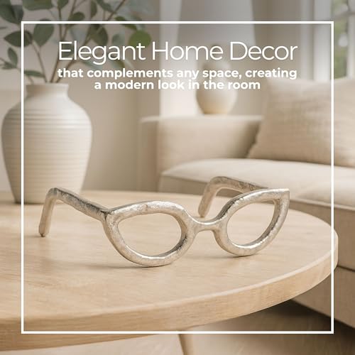 Cateye Glasses Decorative Object – Aluminum Sculpture Modern Home Decor Ornament – Shelf Styling & Coffee Table Decor for Bathroom, Office & Living Room – 7"x3", Silver - color: Silver Cateye
