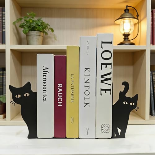 Peeping Cat Bookends Set of - Metal Decorative Book Ends for Shelves with Peekaboo Design, Gift for Cat Lovers, Home Office Desk & Bookshelf Decor