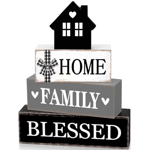 Cinnvoice 4 Pcs Farmhouse Tabletop Decor Rustic Family Blessed Home Table Centerpiece This Is Us Sign for Kitchen Shelf Desk Fireplace Mantel Tiered Tray Decor(Neutral Home Family Blessed) - style: Neutral Home Family Blessed