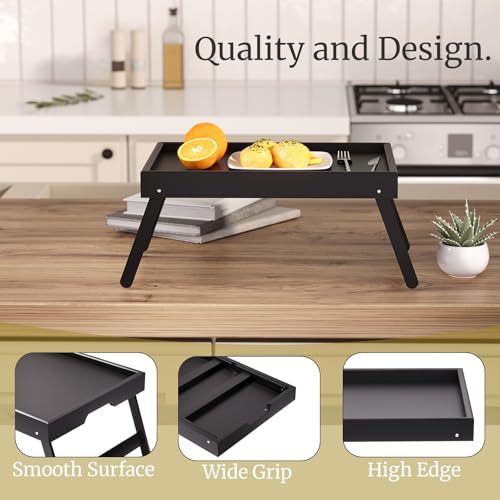 VERTORGAN 3 Pack Bamboo Bed Tray Table with Folding Legs,Breakfast Trays,Serving Tray,Laptop Tray for Working,Food Snack Tray for Bed and Sofa(Black) - color: Black