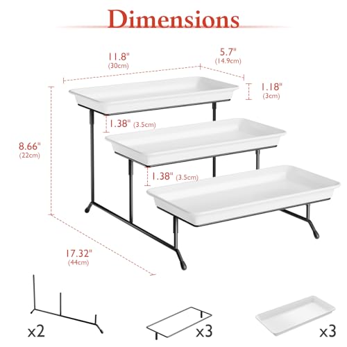 3-Tier Melamine Serving Tray Set, 11.5" x 5.6" Platters for Serving Food, White Reusable Trays with Black Metal Display Stand for Cupcakes, Sevring Food, Dessert, Fruit, Cookie, Black - color: Black, size: 11.8" x 5.7"