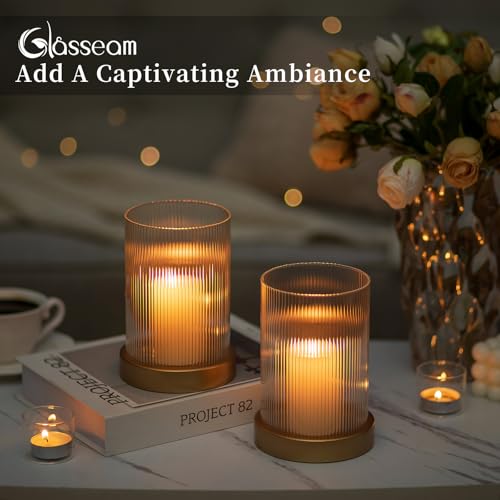 Glasseam Hurricane Glass Candle Holder: Gold Pillar Candle Holders Set of 2 Ribbed Glass Cylinder Covers with Metal Candle Tray Modern Candle Holders for Table Centerpiece Living Room Decorations - color: Gold