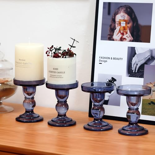 Glass Candle Holder Set of 4, Blue Candlestick Holders for Pillar Candles, 4.5" H, Candle Stand Decorations for Living Room - color: Blue
