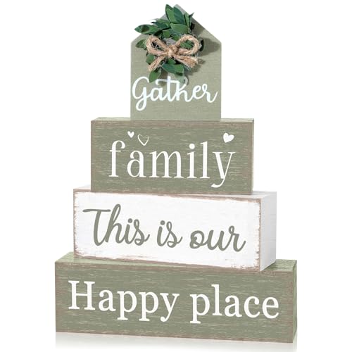 Cinnvoice 4 Pcs Farmhouse Tabletop Decor Rustic Family Blessed Home Table Centerpiece This Is Us Sign for Kitchen Shelf Desk Fireplace Mantel Tiered Tray Decor(Gather Family This is Our Happy Place) - style: Gather Family This is Our Happy Place