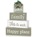 Cinnvoice 4 Pcs Farmhouse Tabletop Decor Rustic Family Blessed Home Table Centerpiece This Is Us Sign for Kitchen Shelf Desk Fireplace Mantel Tiered Tray Decor(Gather Family This is Our Happy Place) - style: Gather Family This is Our Happy Place