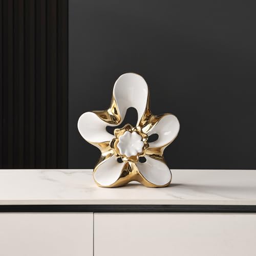 Ceramic Statue Home Decor Aesthetic Abstract Flower Sculpture Modern Decorative Statues for Living Room Bedroom Bookshelf Desktop Dinging Table Centerpiece Office (White and Gold) - color: White and Gold