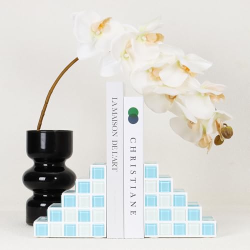 Decorative Bookends for Shelves - Stair Book Ends for Heavy Books - Unique Book Stopper & Holder for Shelves - Modern Home Decor Aesthetic Bookshelf Decor (Light Blue & White) - color: Light Blue & White