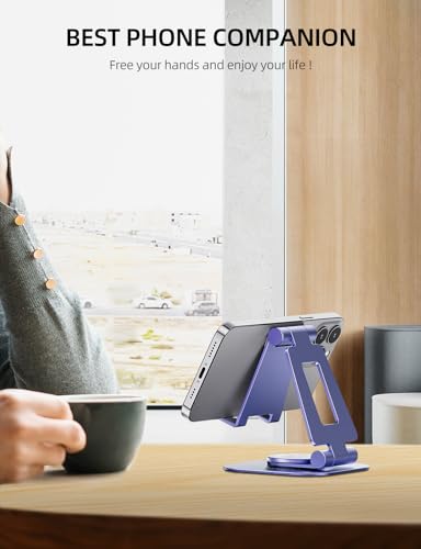 Nulaxy Rotatable Cell Phone Stand, Fully Adjustable Foldable Desktop Phone Holder Cradle Dock, Thick Case Friendly, Compatible with All Phones, Nintendo Switch, Purple - color: Purple