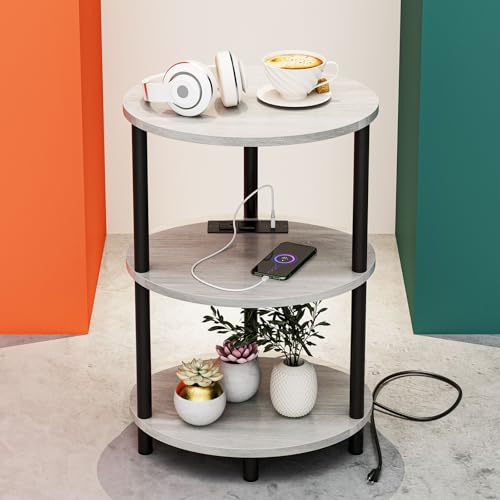 Small Round Side Table - 3-Tier Oval Accent Table for Small Spaces, Rustic Wood and Metal Nightstand for Living Room or Bedroom, Built-in USB Ports and Power Outlet, Greige - color: Greige, size: 1-Pack, style: Includes Power Outlets
