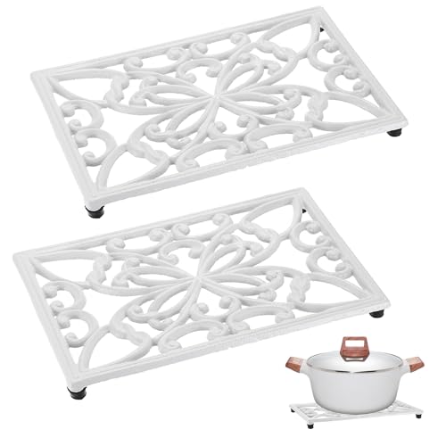 Sumnacon Cast Iron Trivet 2 Pack Heat Resistant Iron Trivets for Hot Dishes Pots Pans Plates Teapots,Rustic Cast Iron Trivet for Cooktop Kitchen Dining Table Metal Trivets with Rubber Feets,White - color: White, size: 10 x 6.1 Inch