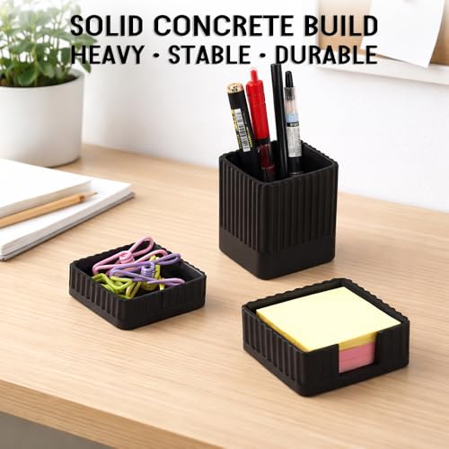 Desk Organizer Set of 3 for Office Accessories - Includes Pen Holder, Paperclip Storage, and Sticky Note Holder - Aesthetic Concrete Desktop Accessories for Women or Men, Office Decor (Black) - color: Black