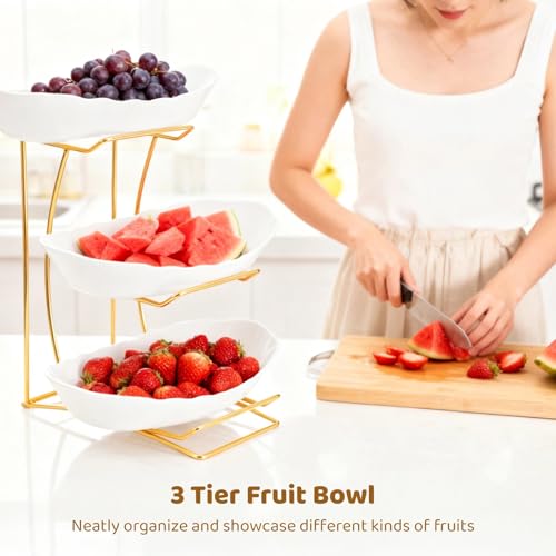 OMISTAR 3 Tier Fruit Bowl for Kitchen Counter, Gold Metal Stand Tiered Fruit Basket, ABS Serving Bowls, 11.2 in Lightweight Luxury Multi-Layer Snack Rack for Home Living Room