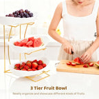 OMISTAR 3 Tier Fruit Bowl for Kitchen Counter, Gold Metal Stand Tiered Fruit Basket, ABS Serving Bowls, 11.2 in Lightweight Luxury Multi-Layer Snack Rack for Home Living Room