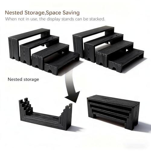 Wooden Display Stand Wood Tiered Racks, 2 Set 8 Piece Wood Display Shelf for Cupcake,Jewelry,Card, Vendor Events, Table Shelves Wooden Riser Organizer Dessert Showcase-Black - color: Black