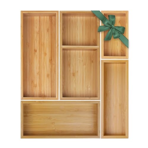 Bamboo Drawer Organizer Set, 5 PCS Multi-Use Individual Wood Storage Organizers, Junk Drawer Divider and Storage Trays Containers for Kitchen, Bathroom, Office Desk, Makeup, Jewelry, Utensils - size: 5