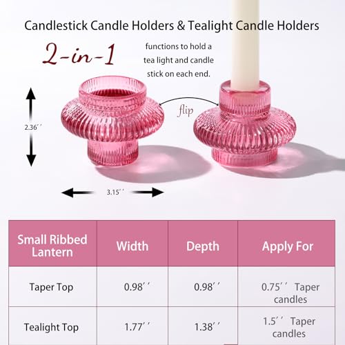 Pink Candlestick Holders Set of 10, Pink Glass Candle Holders for Pillar Candles, Taper Candle and Tealight Candles, Taper Candle Holders for Wedding, Table Centerpiece - color: Pink