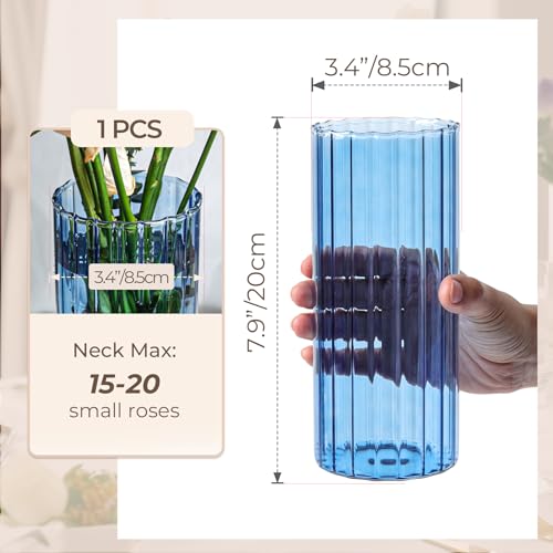 ComSaf Glass Cylinder Vases, Bud Vase for Centerpieces, 8 Inch Tall Ribbed Vase Hurricane Floating Candle Holder, Decorative Flower Vases for Wedding Reception, Home Decor, Housewarming Gift (Blue) - color: Blue