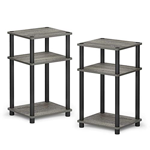 Furinno JUST Side Table Set of 2, 3-Tier End Tables, Open Shelves Night Stand, Nightstand, Toolless Assembly, for Living Room, Bedroom, French Oak - color: French Oak Grey/Black, size: 3-Tier, Round Pole, style: 2-Pack