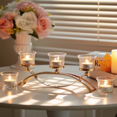 3-Arm Metal Tea Light Candle Holder Set with 5 Glass Cups, Votive Candle Holders Centerpiece Candelabra for Wedding Table Decor, Home Gatherings and Holidays (Gold, 5 Cups) - color: Gold, size: 5 Cups