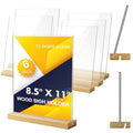 Comix 8.5x11 Clear Acrylic Sign Holder with Wood Base 6 Pack L/T Shape Table Display Stand Vertical or Slant Back Display for Wedding, Restaurant, Store, Office, Hotel - size: 6 Pack 8.5x11 inches (T/L)