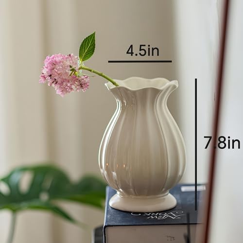 White Ceramic Vase,7.8" Ribbed Farmhouse Flower Vase with Scalloped Rim, Decorative Vase for Living Room, Kitchen Table Centerpiece, Ideal for Fresh/Artificial Flowers and Housewarming Gift