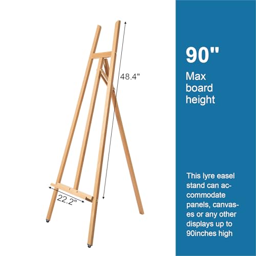 A - Frame Wooden Display Easel - Adjustable Lyre Beechwood Studio Easel Stand Holding Canvas Up to 90", Inclinable Artist Floor Painting Easel for Artwork Painting, Natural - color: Natural