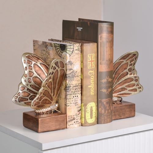 Vintage Brown Butterfly Bookends,Resin Book Ends for Shelves,Heavy Duty Decorative Bookends,Creative Book Stopper Holder Decor for Desk Home Office,Shelf Decoration,Gifts for Mother's Day - color: Brown