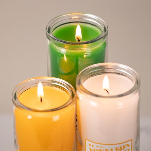 KONNI 2x8 Inch Green Pillar Candles in Glass Set of 3, Devotional Prayer Candle, Unscented Religious Candles, 105 Hours Emergency Long Burning, Ideal for Memorials, Vigil, Blessing - color: Green