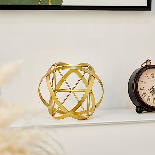 HLQMFHT 7 inches Metal Geometric Abstract Sculpture， Metal Geometric Sculpture Decor Sphere, Tabletop Decor for Living Room,Study,Bedroom,Modern Home Decor Accents - color: Gold-a