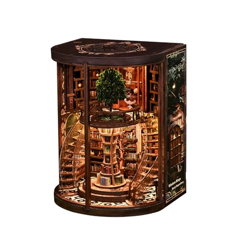 Book Nook Kit - Wisdom Rings Book Archive - Wooden Bookend and 3D Puzzle with LED Light, DIY Set for Adults, Bookshelf Decoration Diorama Kit, for Birthdays