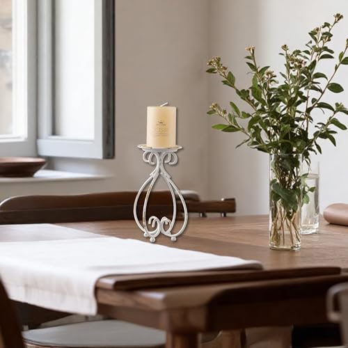 SOFE Vintage Metal Candle Holder, 6.5 Inches Tall White Candle Stand, Decorative Scrollwork Candle Pedestal with Distressed Finish, Indoor Classical Design for Pillar Candles