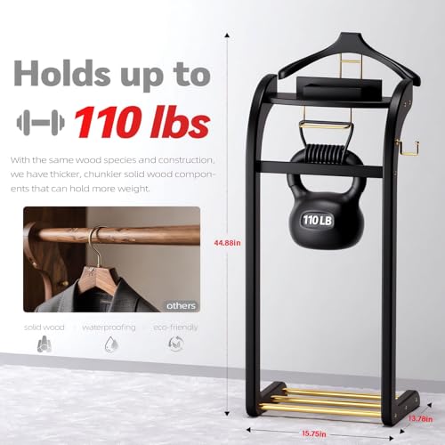 Suit Valet Stand for Men, Wood Mens Valet Stand with Base, Contour Hanger, Tray, Trouser Bar and Tie Bar, Clothes Valet Stand for Bedroom Entryway Home Living Room Office (Black) - color: Black