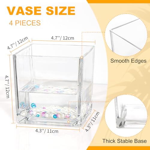 Set of 4 Square Glass Vases 5" x5" x 5", Clear Cube Flower Vases for Wedding Centerpieces, Candle Holders for Home Decor Party Events Ceremony