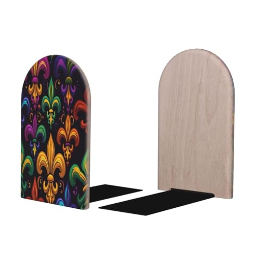 Decorative Bookends 2 Pcs Colorful Mardi Gras Fleur De Lis Wood Bookends for Shelves Heavy Books Kids Non-Skid Book Ends Stoppers for Office Desk Kitchen School - color: Colorful Mardi Gras Fleur De Lis