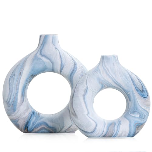 Blue Vases Set of 2, Ceramic Donut Vase for Home Decor, Hollow Modern Boho Centerpiece for Table Shelf Mantel, Unique Blue and White Ring Vases for Pampas Grass or Fresh Flowers - color: Blue Ocean