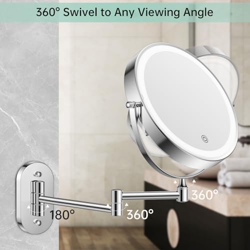 FUNTOUCH 2500mAh Rechargeable Wall Mounted Lighted Makeup Vanity Mirror 8 Inch Double Sided 1X 20X Magnifying Bathroom Mirror, 3 Color Lighting, Touch Dimming, Extended Arm 360° Light up Mirror - color: Bright Chrome