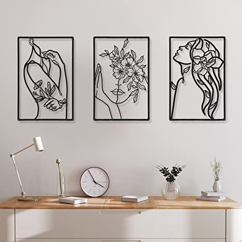 CHENGU 3 Pieces Minimalist Metal Wall Art Decor, Abstract Woman Line Art Wall Decor, Modern Metal Sculpture for Living Room Bedroom Bathroom Apartment Aesthetic Home Decoration - style: Flower