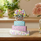 Smile Spring Wooden Indoor Decoration, Hello Spring, Floral Basket Wood Signs, Rustic Farmhouse Flowers Home Table Decor, Retro Centerpiece for Tiered Tray - style: Floral