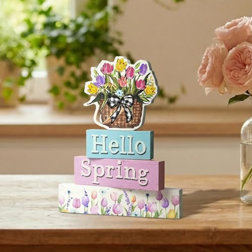 Smile Spring Wooden Indoor Decoration, Hello Spring, Floral Basket Wood Signs, Rustic Farmhouse Flowers Home Table Decor, Retro Centerpiece for Tiered Tray - style: Floral