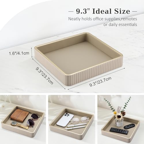 GORESE Square Perfume Tray Nightstand Organizer, PU Leather Purse Bowl Jewelry Trays for Dresser, Trinket Dish Catchall Bowl for Keys, Decorative Vanity Tray, Gift for Women, Beige(9.3'' × 9.3'') - color: Beige