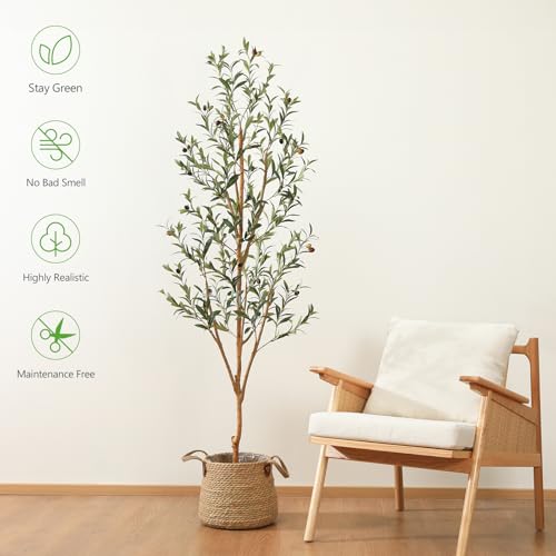 Kazeila Artificial Olive Tree 6FT Tall Faux Silk Plant for Home Office Decor Indoor Fake Potted Tree with Wood Branches and Fruits - size: 6ft