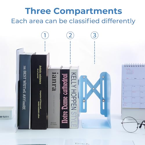 M&G Adjustable Bookends Book Ends for Shelves, Metal Bookend for Heavy Books, Desk Magazine File Organizer Holder Extends up to 20in, Book Stopper for Home, Office, Classroom (Blue) - color: Blue